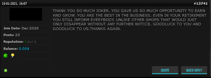Типичное сообщение на форуме с благодарностью Joker's Stash за услуги